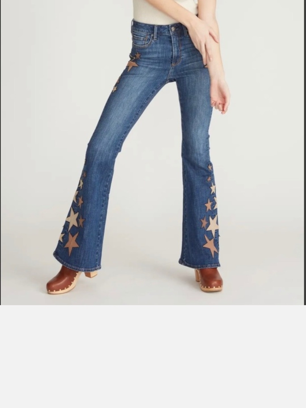 DRIFTWOOD Blue Farrah Flare Jeans with Leather Star Appliqués
